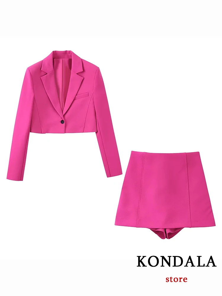 KONDALA Office Lady Rosered 2 Piece Blazer Women Suits V Neck Short Blazer Women+High Waist Shorts Skirt Female Fashion 2022 Set