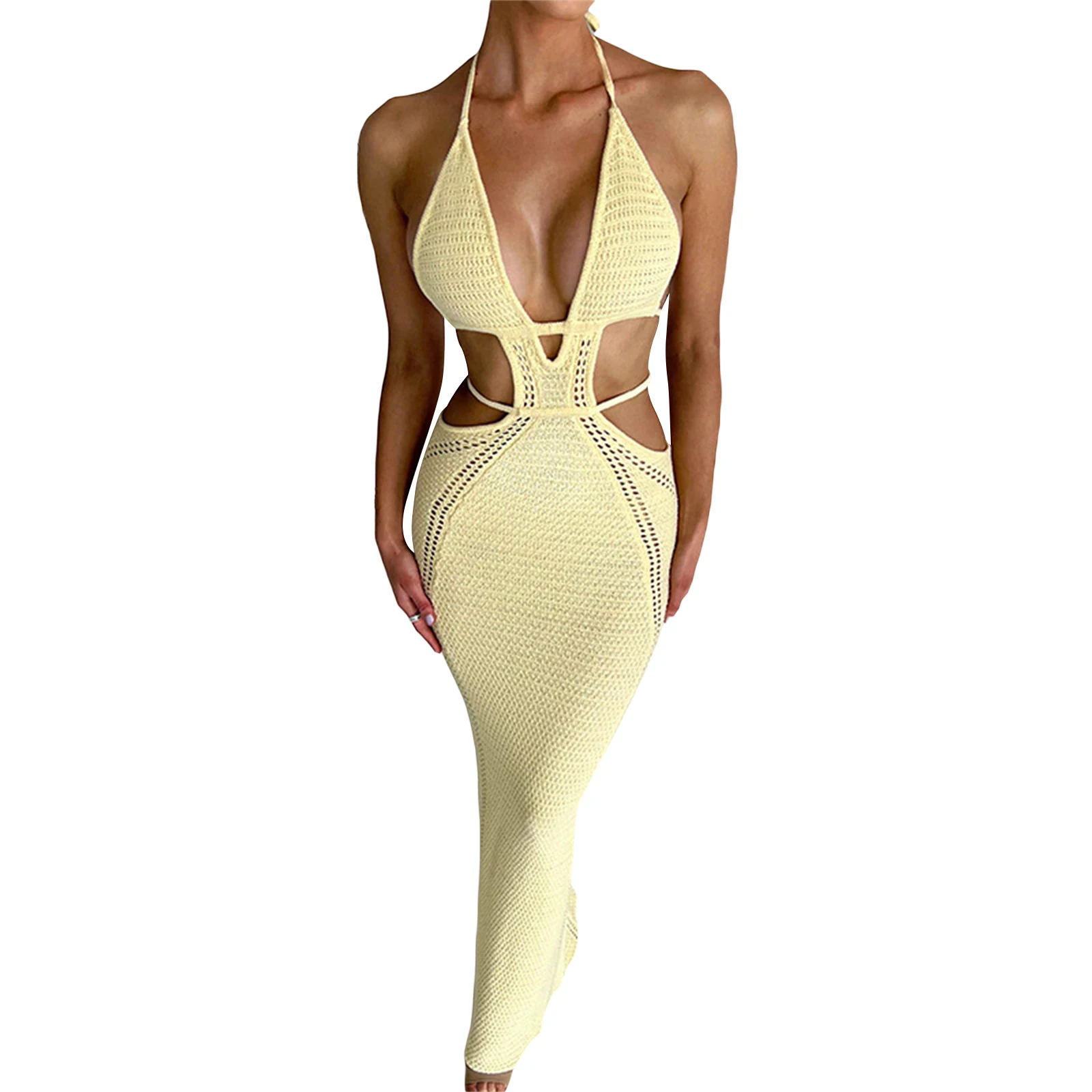 Women Halter Bodycon Long Dress Sexy Hollow Out Open Back Sleeveless Backless Knit Beach Dress Slim Fit Clubwear