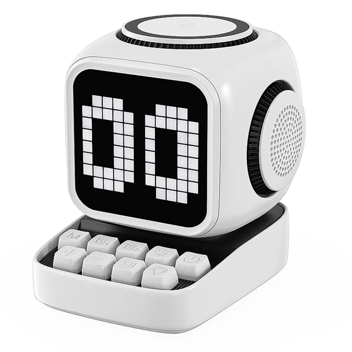 T1322C Tools-Retro Pixel Art Bluetooth Speaker 15W Wireless Charger Clock White Noise Speaker Home Decoration Cute Gift White