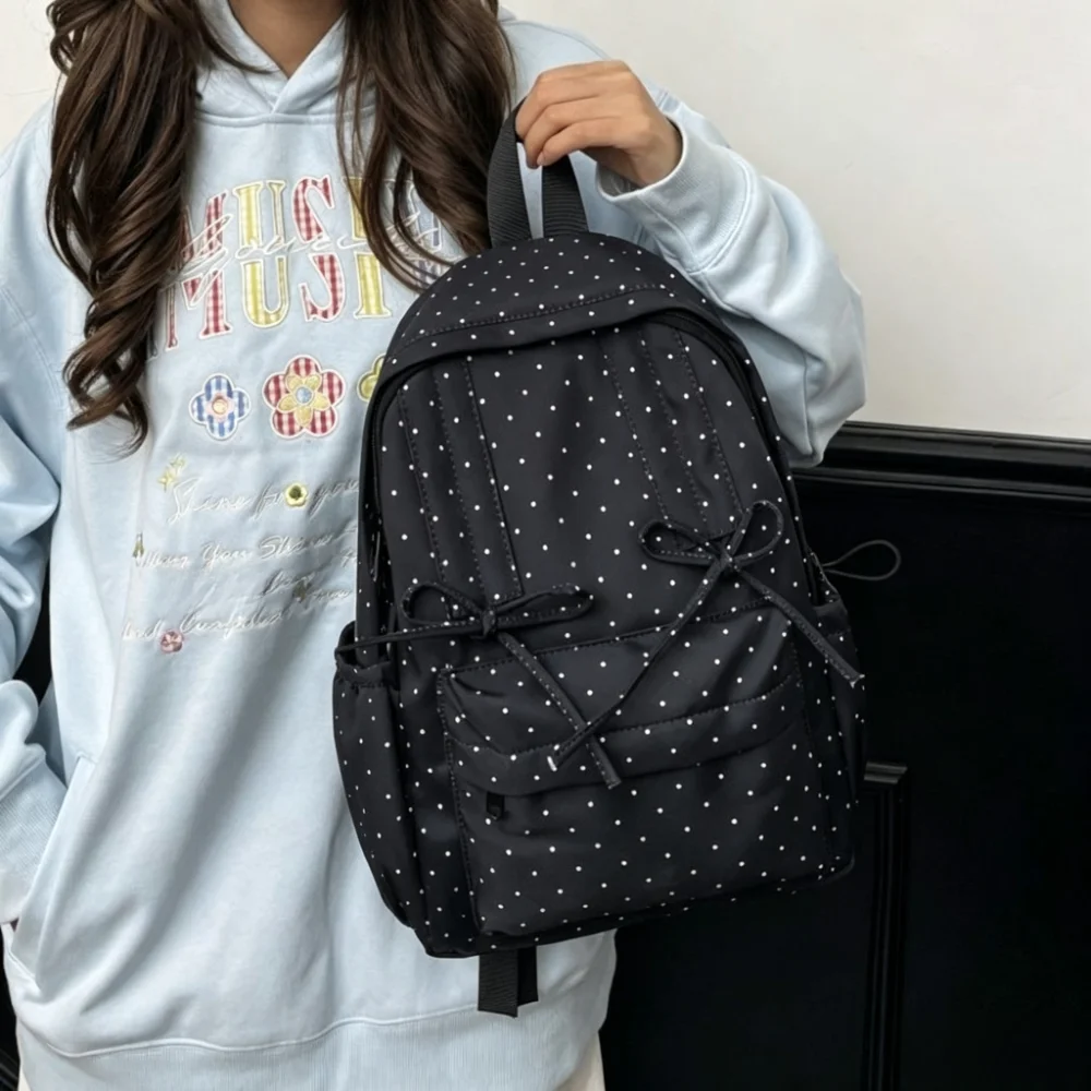 Fashion Sweet Polka Dot Backpack Bow Design Large Capacity Minimalist Rucksack Lightweight Durable Student School Bag Travel Use