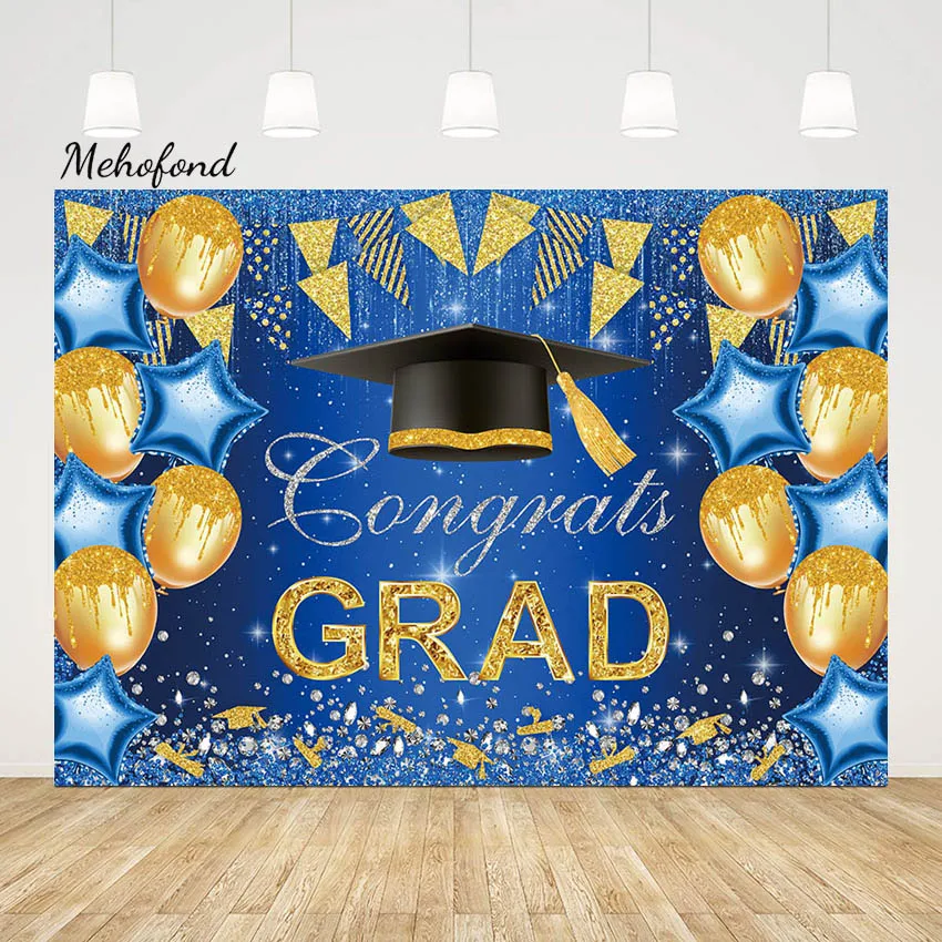 

Mehofond Congrats Grad Ceremony Party Photography Backdrop Blue Gold Glitter Love Heart Balloon Bachelor Cap Background Photos