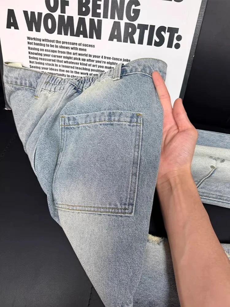 Light Wash Ripped Patchwork Bell Bottoms Men's Summer Thin High Waist Denim Jeans Youth Trendy Straight Leg Non-Stretch Jeans