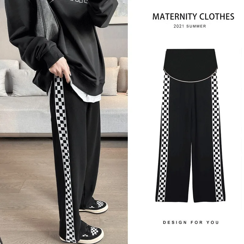 

Maternity pants new summer thin section outer wear bottoming wide leg straight casual sports side checkerboard Pregnancytrousers