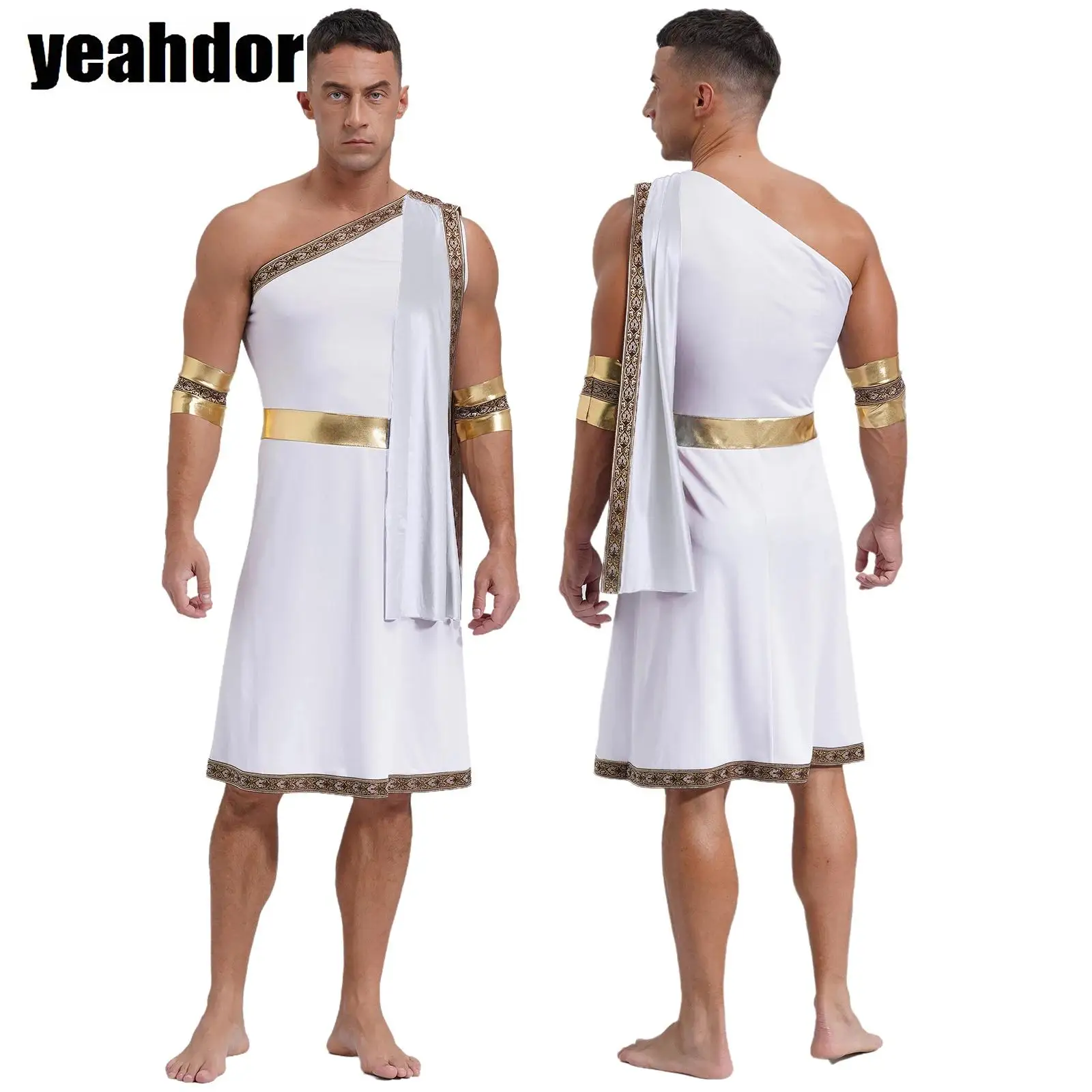 

Men Ancient Greek Toga with Sleeves One Shoulder Embroidered Trim Roman Robe Detachable Cuffs Halloween Gladiator Cosplay Costum