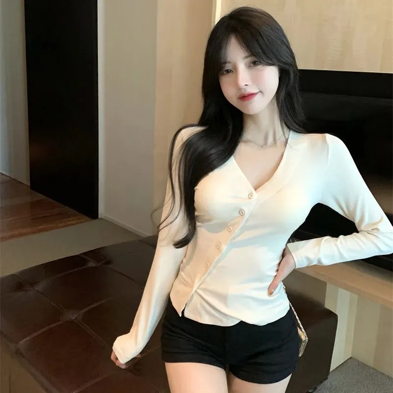 Women V Neck Diagonal Button Long Sleeve T Shirt Slim Irregular Hem Basic Casual Crop Top