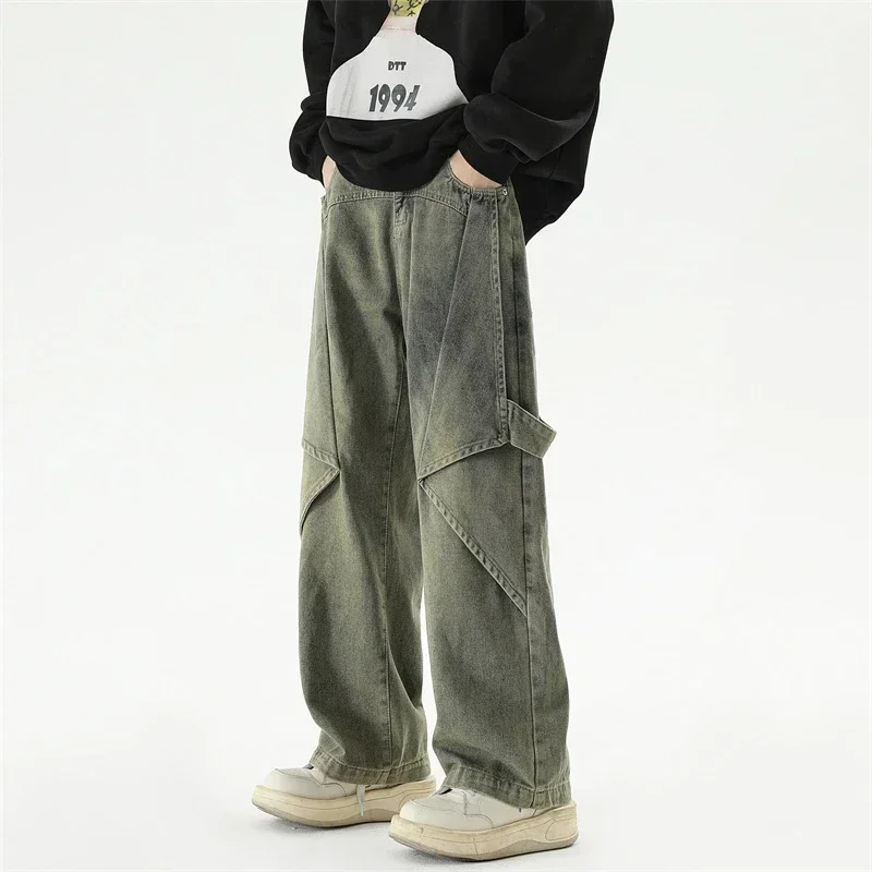 New Men's Hip Hop Wide Leg Jeans Washed Distressed Baggy Y2K Denim Trousers Autumn High Street Deconstruction Cargo Jean Pants