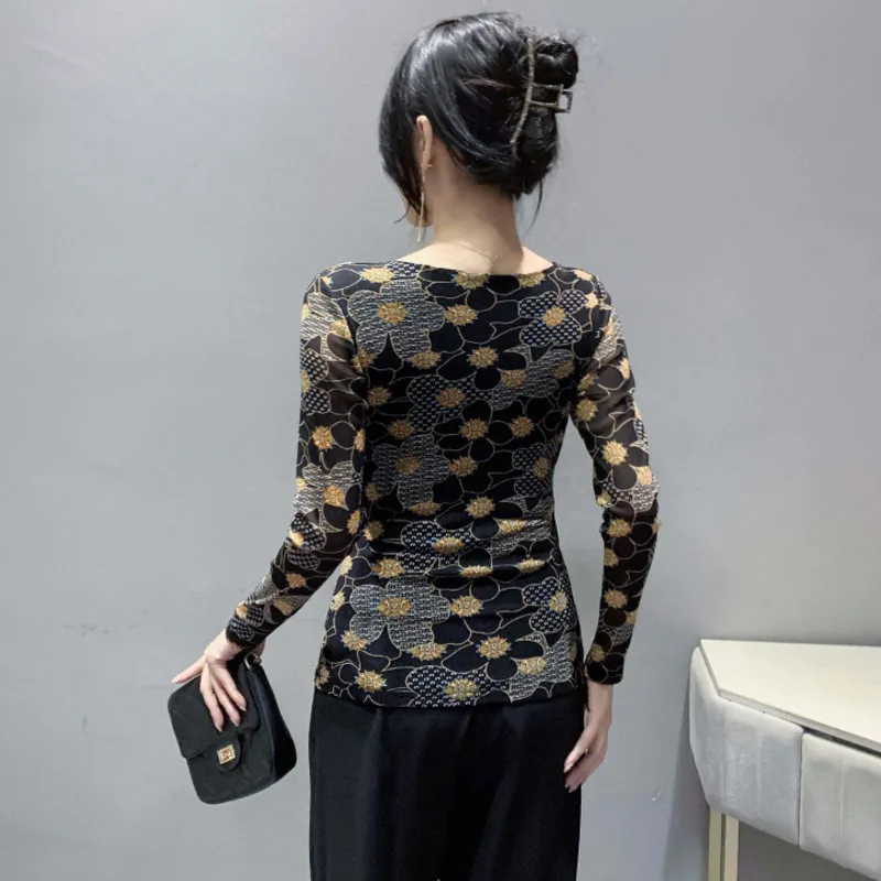 #8028 Black Wrap T Shirt Women V-neck Sexy 3D Flower Printed Tshirt Female Long Sleeve Tight Mesh Short Tee Ladies Thin Vintage