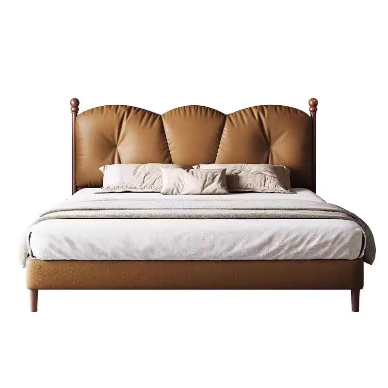 

&*New Design European Light Luxury Leather Double Bed Modern Bedroom Queen Size Wooden Bed Frame Mid-century Modern Bedroom Set