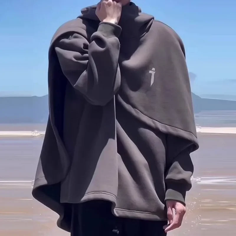 

Мужской японский плащ для тяжелой промышленности, толстовка с высоким воротником, свободный крой, пуловер с капюшоном, пальто для пары, функциональное двухсекционное искусство