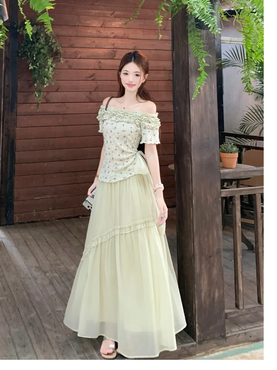 

plus Size Floral Halter Neck Top And High Waist Mesh Skirt Two Piece Set Women's Summer New Style Commute Korean Slim Fit Fas...