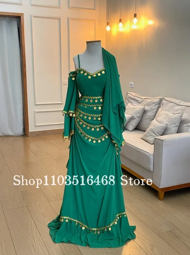 Sky Blue Chiffon Gold Coin Arabian Princess Evening Dress Matching Shawl Customized Arabian-Themed Prom Dress Middle Eastern2026