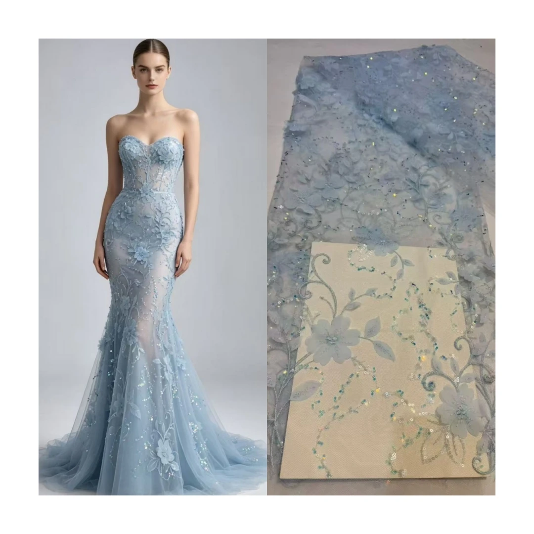 

2026 High Quality Fashion African Beaded Tulle Embroidery 3D Flower Lace Fabric for Wedding Dress Party Sewing