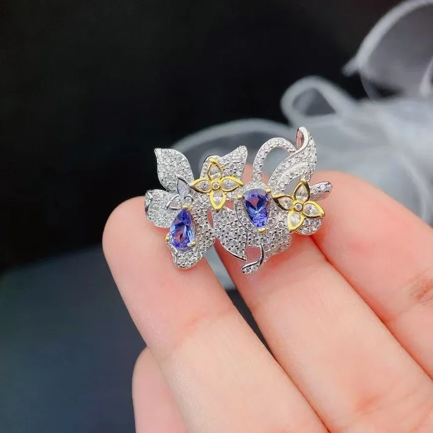 

Брошь из серебра 925 пробы с ослепительным драгоценным камнем для вечеринки, 4 мм * 6 мм, брошь из натурального танзанита, позолоченный 18 К, серебряные украшения с танзанитом