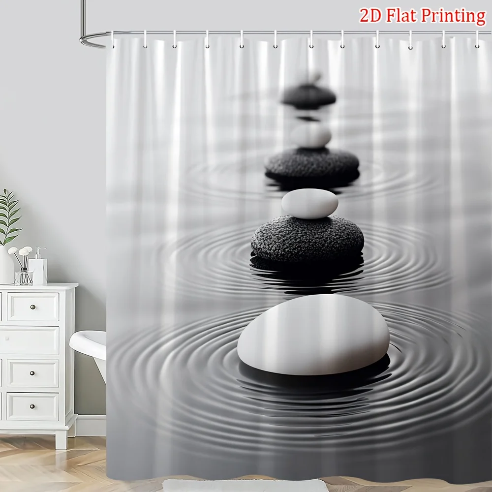 [2D Flat Printing]1pcs Zen Stones Shower Curtain Balanced Rocks Water Ripples Black White Minimalist Modern Bathroom Decor Showe