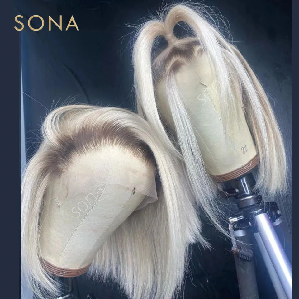 Silver White Ash Blonde Short Straight Bob Platinum Colored  Lace Front Wig Human Hair Pre Plucked 13x6 Lace Frontal Wigs