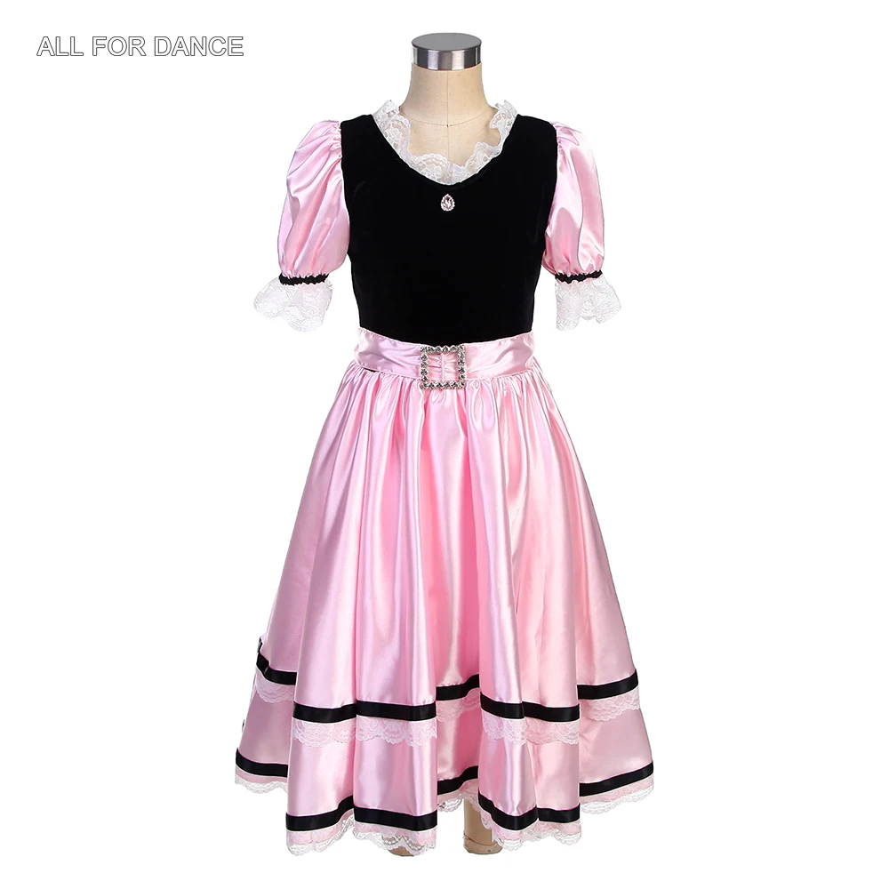 22119 Short Sleeves Ballet Costume Black Top Bodice Pink Satin Skirt With Ribbon And White Lace Trim Edging Long Ballet Tutu