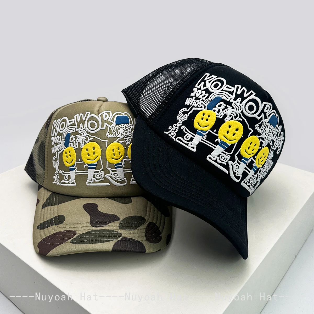 Nuevas Gorras de Béisbol Unisex con Estampado 3D de Letras y Caras Sonrientes, Diseño Color Block, Protección Solar, Estilo Hip Hop, Transpirables, Tipo Trucker, Malla Versátil