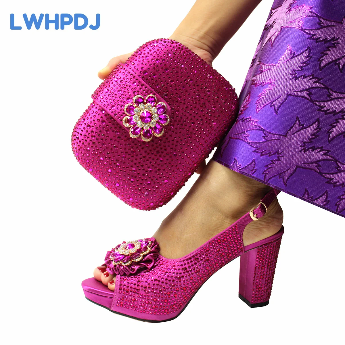 2024 Pouplar New Arrival Peep Toe Comfortable Super Heels Ladies Sandal with Handal Bag Set in Magenta