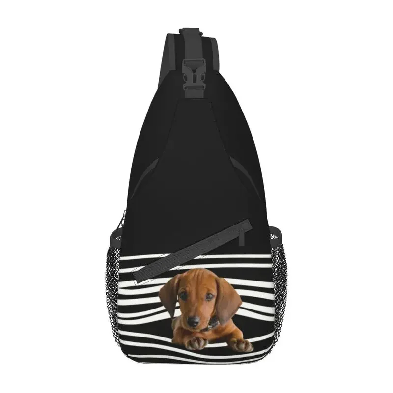 Dachshund Stripes Crossbody Sling Backpack Men Custom Weiner Dog Chest Shoulder Bag for Travel Hiking Daypack