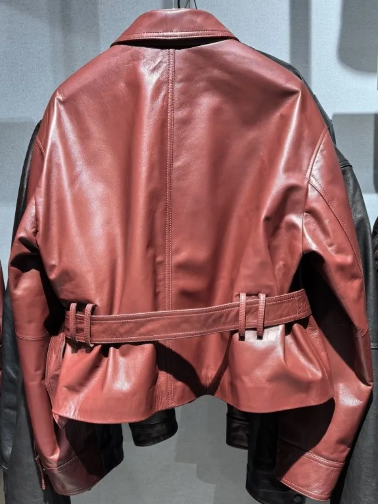 Office Female Genuine Leather Long Sleeves Solid Color Lapel Short Jacket Single Breasted Pocket Sashes Loose Sheepskin Coat