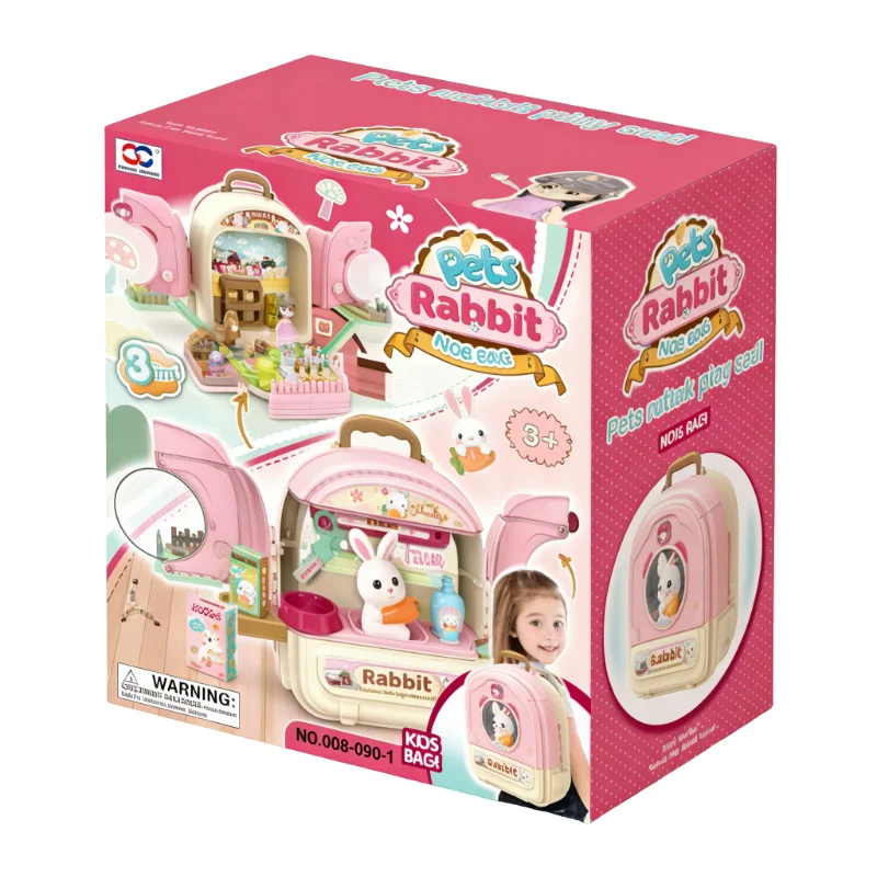 Pet Carrier Backpack 3-in-1 Pet Care Playset, Pretend Play Rabbit Toy Set with Hair Dryer & Accessories for Girls Ages 3+ Easter