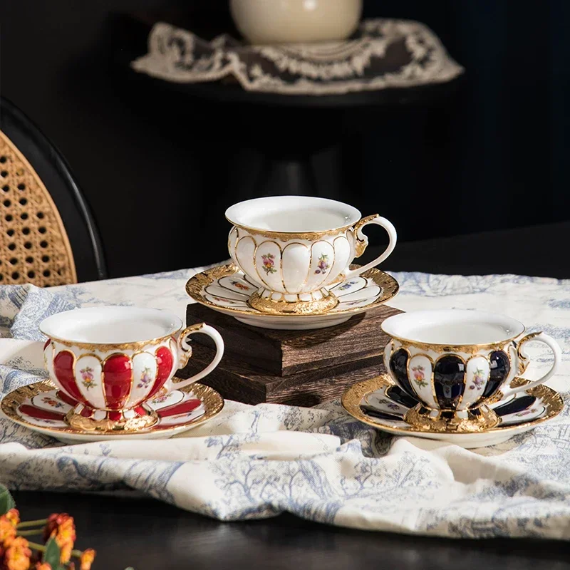 

Luxury European Tea Set High-End Coffee Cups and Plates Style Reliefs with Gold Painting Techniques Fine Porcelain