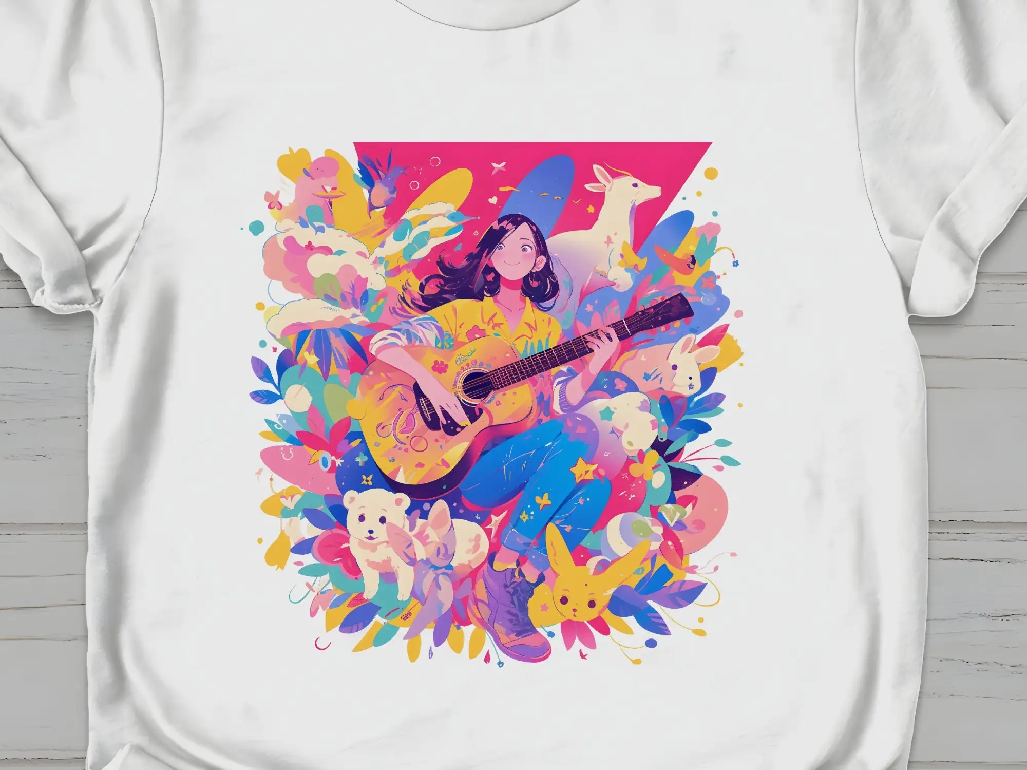 Anime Girl Guitarist with Animals T Shirt Unique Music and Manga Inspired Casual Wear