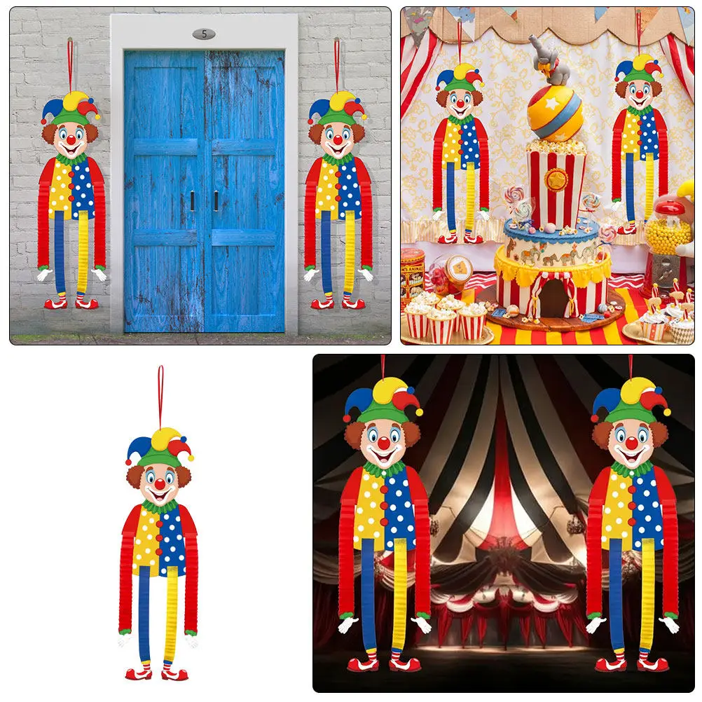 2Pcs Vibrant Paper Clown Decorations Carnival Hanging Supplies Circus Theme Party Favors Bright Color Long Clown for Wall