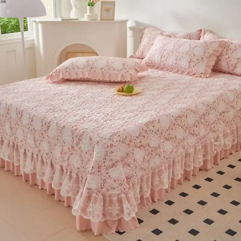 3pcs Warm Cotton Quilted Mattress Cover Soft Lace Bedsheet Thick Sheet Pillowcase Mattress Protector Bed Cover Soft Bedspread