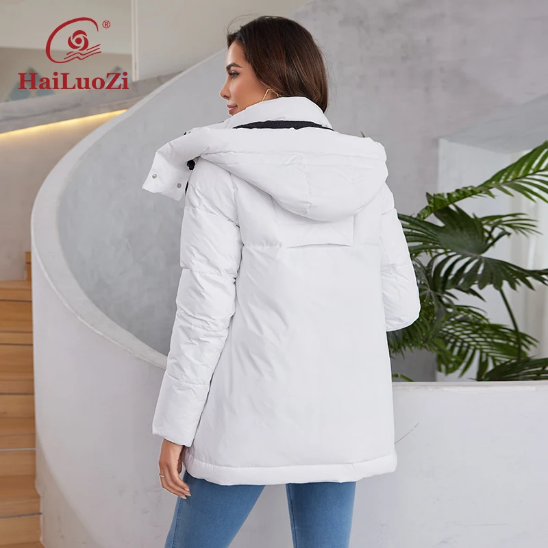 HaiLuoZi 2023 New Women\'s Down Jacket Side Pockets With Hairball Detachable Hood Female Parkas Bio-Cotton Warm Women Coats 1108