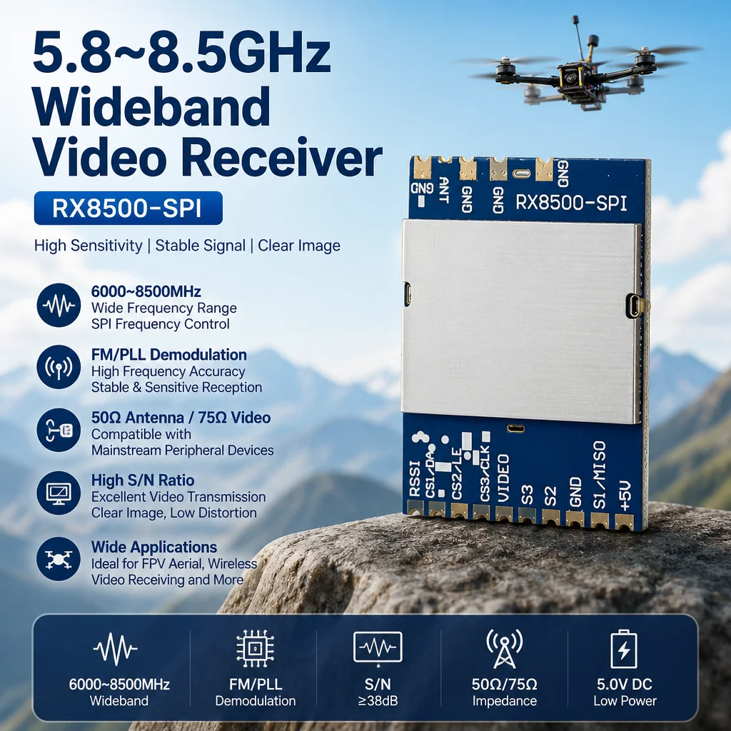 RX8500-SPI FPV Wireless Module 8.5G Wireless Video FPV Receiver Module RX 6000-8500MHz SPI Frequency Mode for Drone FPV System