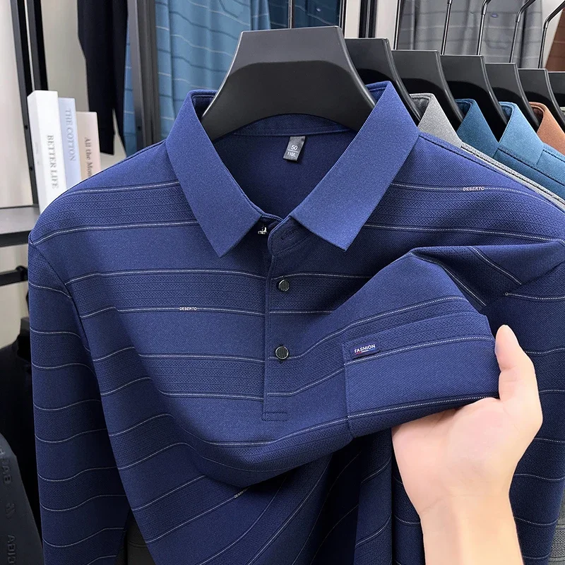 Men Striped Long Sleeve Polo Shirt With Chest Pocket Casual Business Lapel Top Autumn Daily Wear Soft Breathable Male Clothing