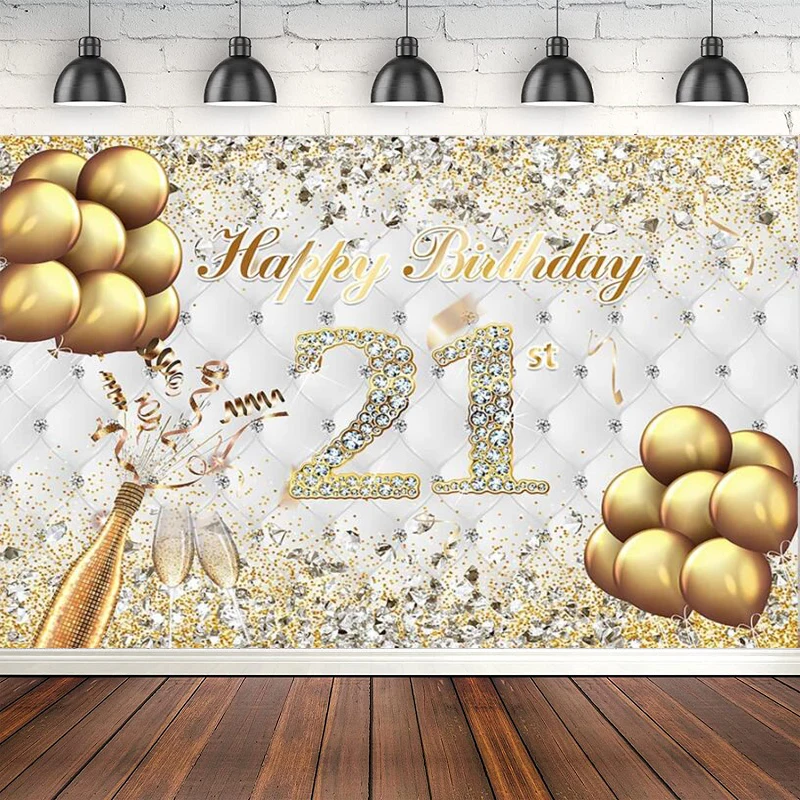 Photography Backdrop Happy 21th Birthday Party White Headboard Gold Balloons Background Banner Sliver Diamonds Champagne Poster