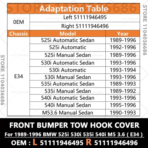 Imagen 2 del producto Para 1989-1996 E34 BMW 525i 530i 535i 540i M5 3,6 cubierta de ojo de gancho de remolque de parachoques delantero sin impresión 51111946495 51111946496