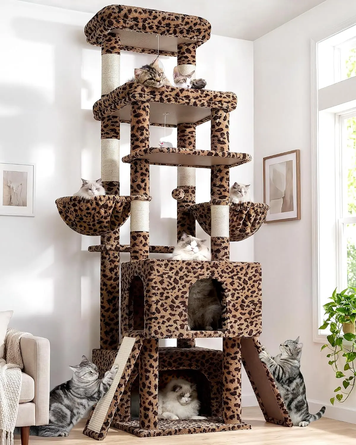 Leopard Print Heavy-Duty Cat Tree, Sturdy Tower Built for Large Adult Cats Weighing Up to 20 lbs