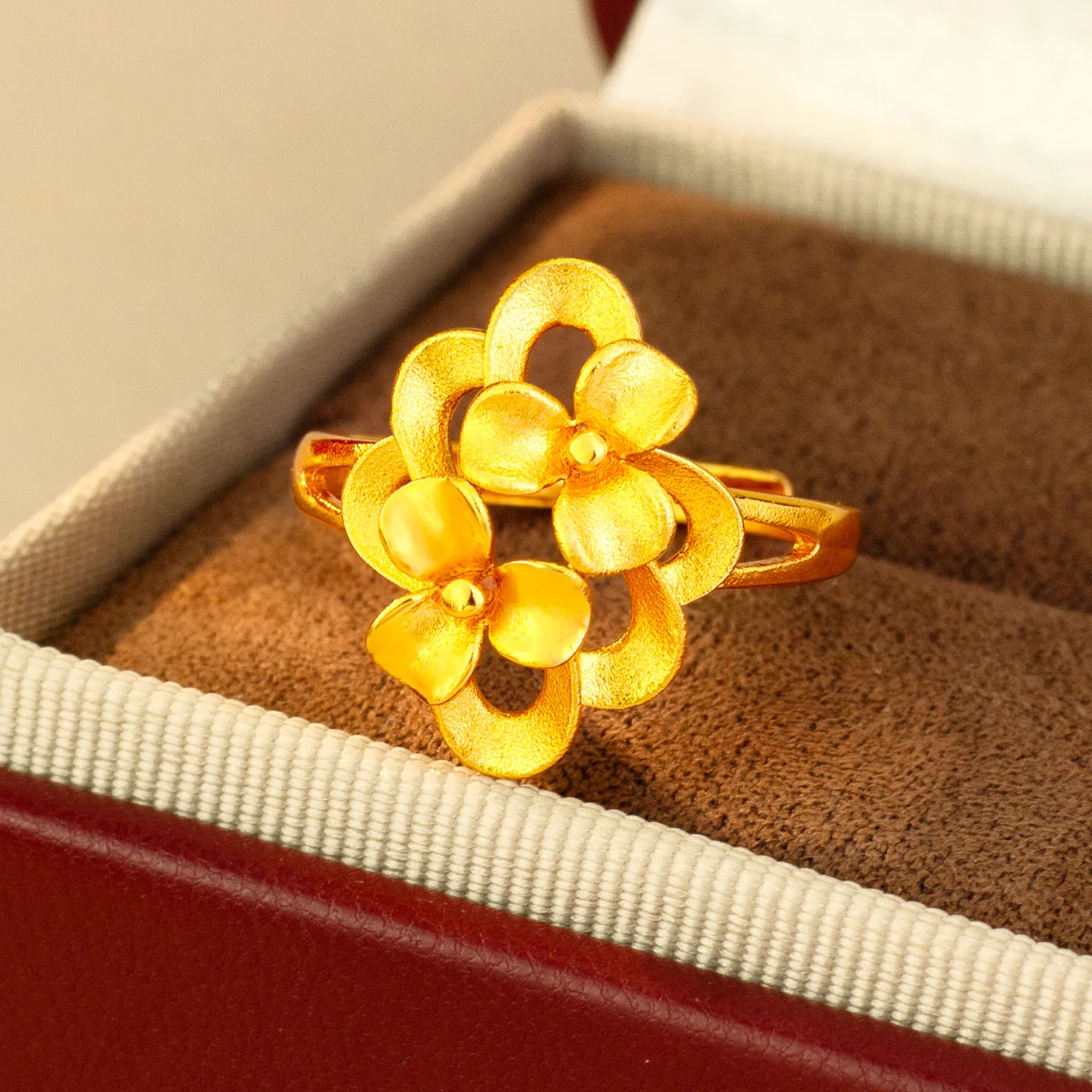 Adjustable Open Design Hollow 3D Floral Open Ring For Women 24K Gold AU999, flexible and comfortable fit