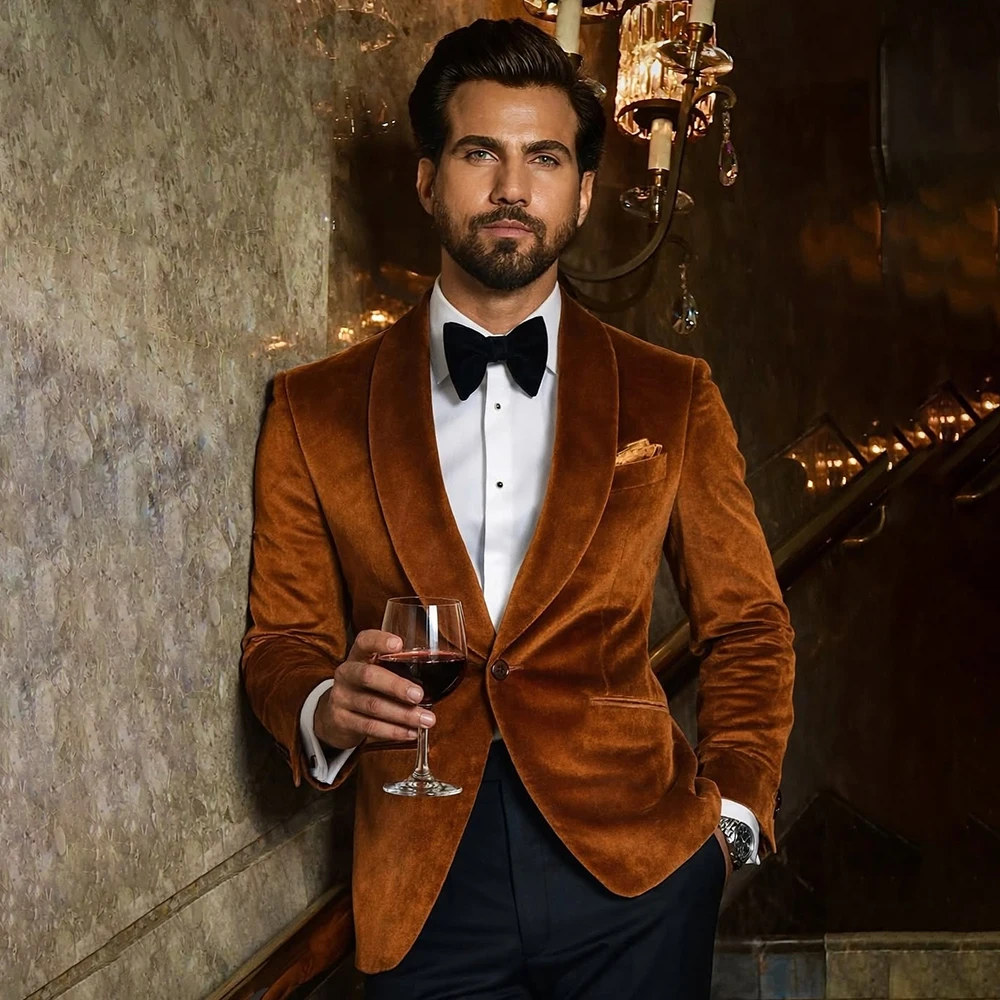 

Мужской костюм-двойка: бархатный пиджак с однобортным застежением и шалевым воротником, классические брюки, стандартная длина, высокое качество, для вечеринок, Terno