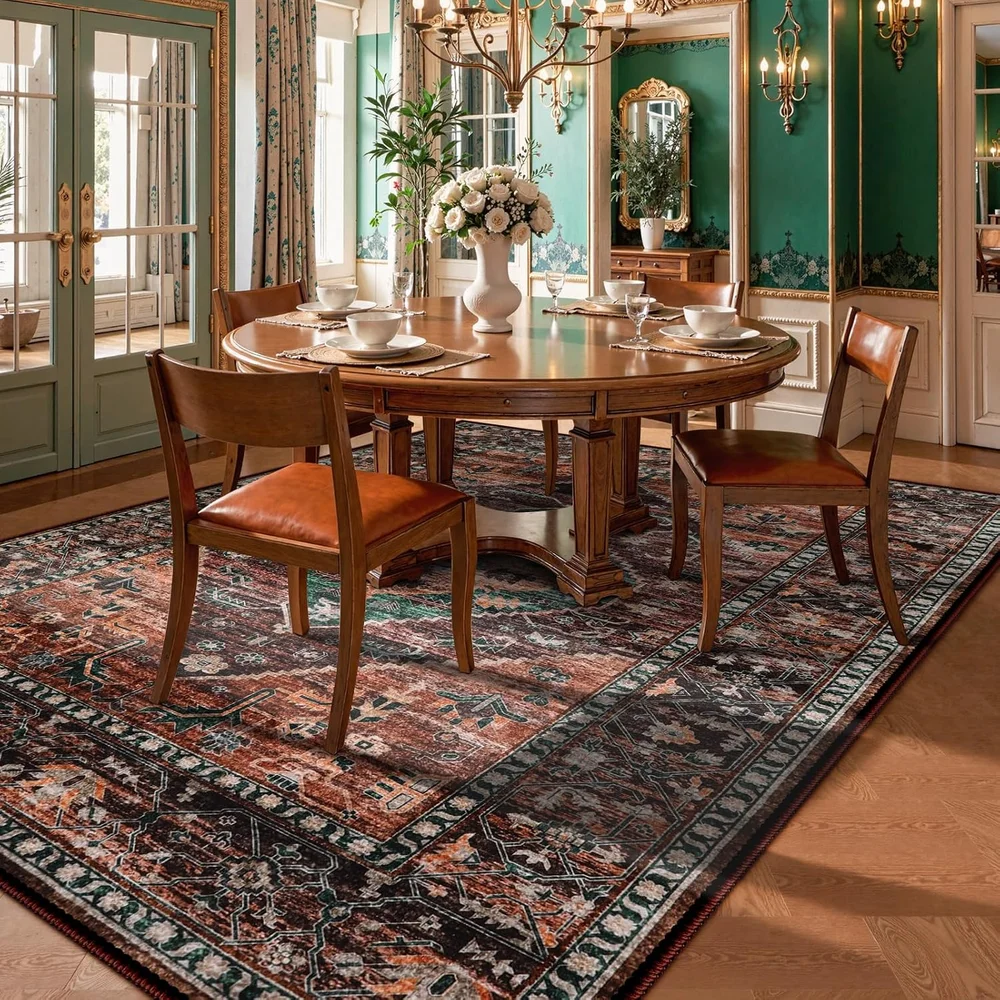 Extra Large 10x12 Boho Medallion Floral Persian Area Rug Blue White Washable Low Pile Carpet for Living Room Bedroom Home Decor