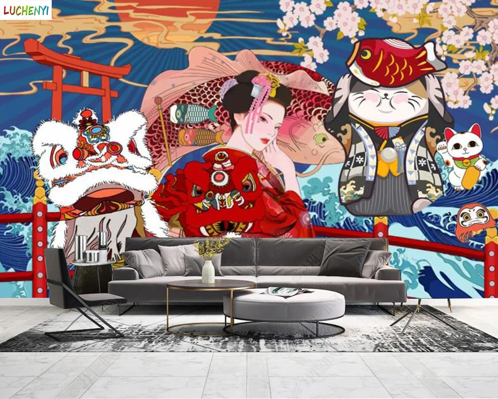 

Papel de paredel red moon catJapanese style layered abstract ocean wallpaper hand-painted wall mural wallpaper home decoration