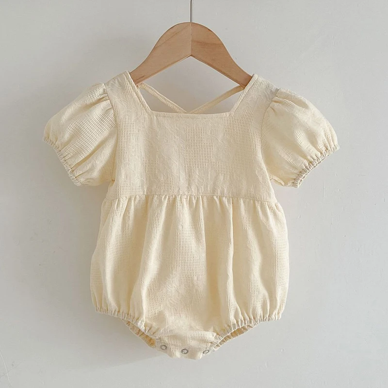Summer Newborn Toddler Baby Girls Pure Color Jumpsuit Sweet Baby Girls Short Sleeves Kids Princess Dress Girls Sister Clothes