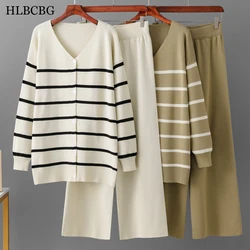 Winter Casual Two Pieces Loose Striped Suits Long Sleeve Knitted Cardigan Coat Wide Leg Pant Female Sweater Sets Knit Tracksuit