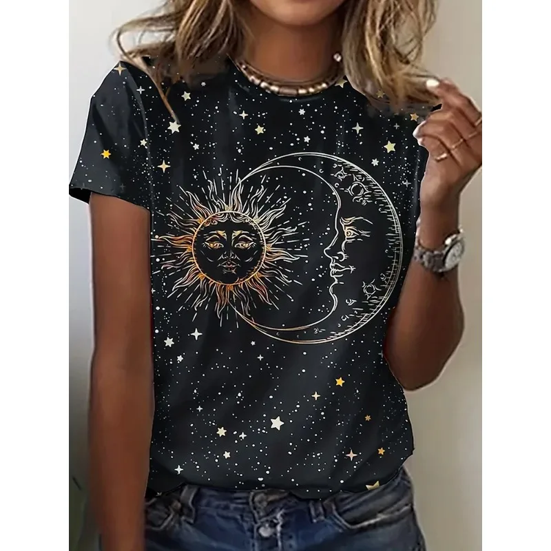 

New Entry Women's Casual Resort Fun Sun and Moon Positioning Printed Short Sleeve T-Shirt