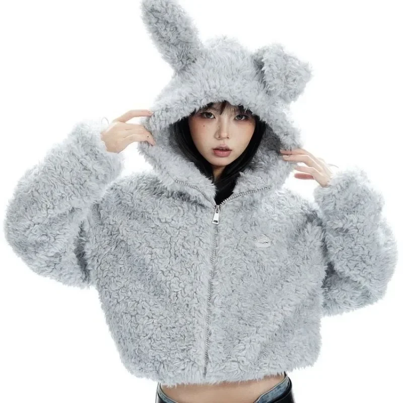 Cute Sweet Imitation Bunny Hair Zipper Sweatshirt Korean Fashion Rabbit Ears Hooded Coats Women Oversize Lamb Hair Short Jackets