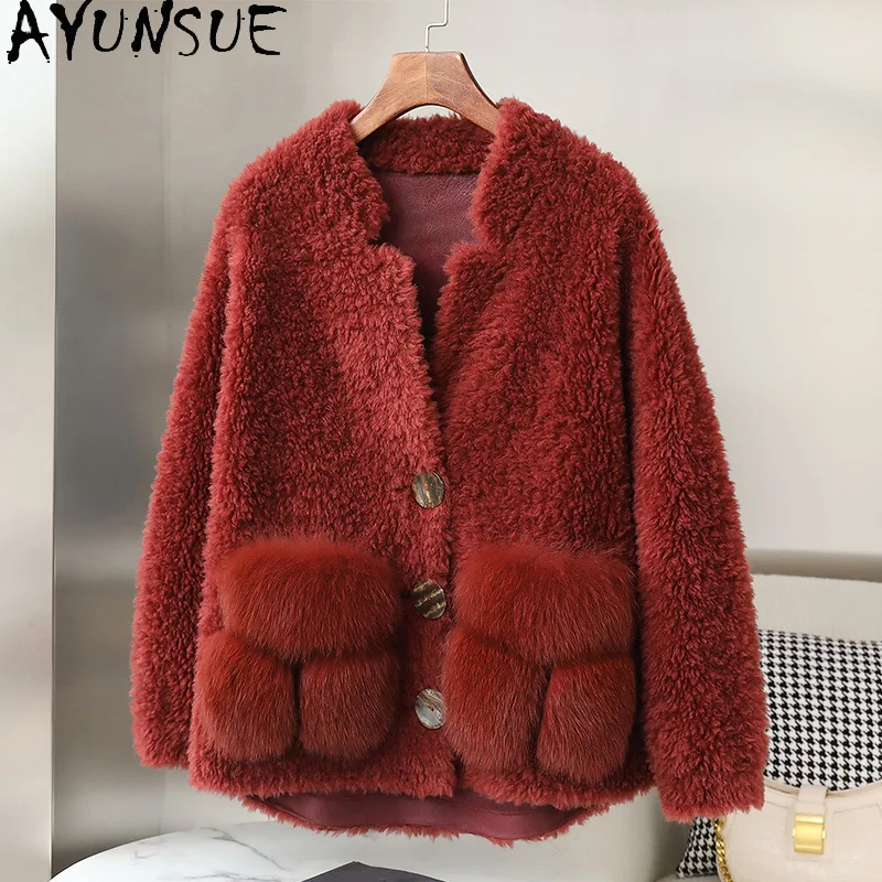 Ayunsue casaco de lã 100% feminino, jaqueta de shearling de ovelha, roupas de outono e inverno, bolsos de pele de raposa, Пegoьто Ж elektiniaiе, pele composta