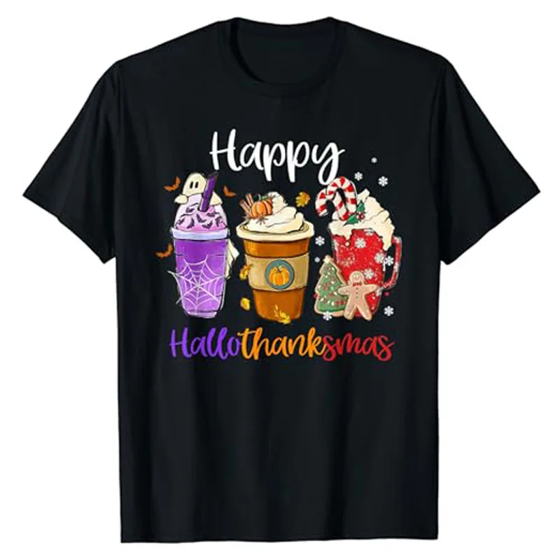 

Happy Hallothanksmas Coffee Latte Halloween Thanksgiving Costume T-Shirt Gifts Fall Autumn Lover Graphic Tee Short Sleeve Tops