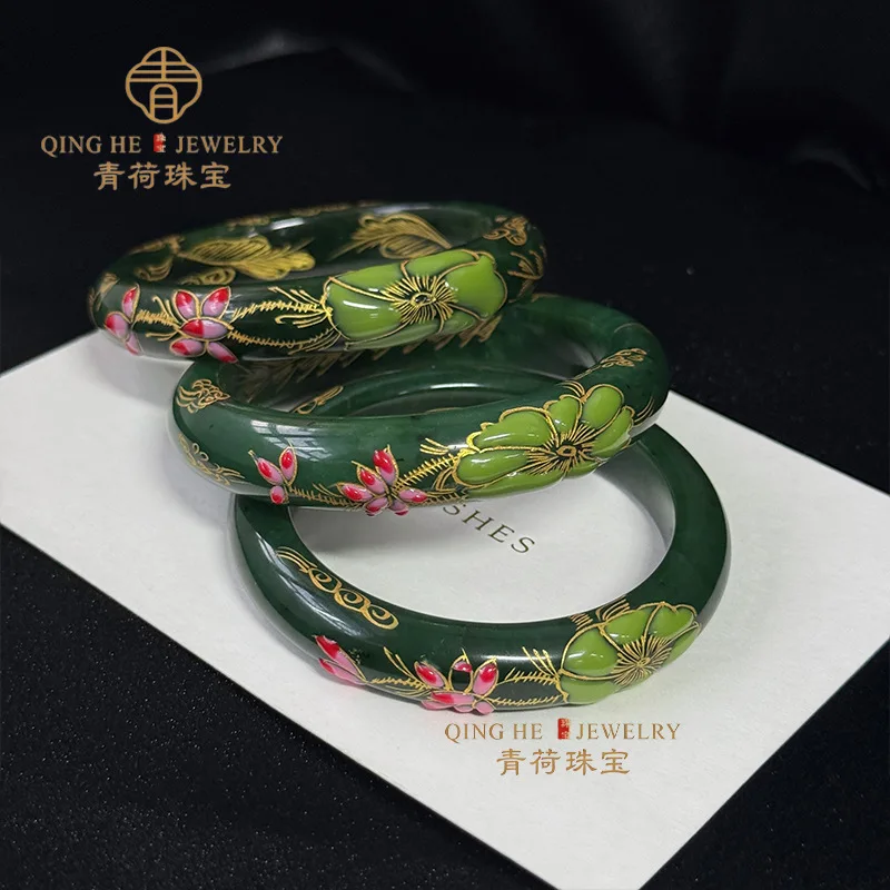 Xinjiang Hotan Jade Vintage Multi- Jadeite for Women, Ethnic Style, Hand-painted Gold Enamel Lotus Bracelet