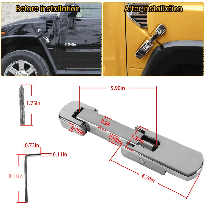 Billet Aluminum Chrome Hood Latch and Hood Latch Spring Set For Hummer H2 2003 - 2009