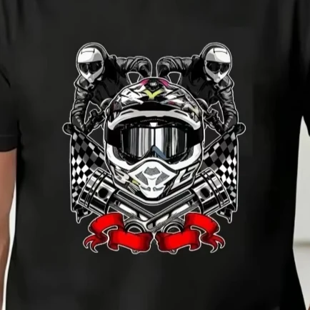 Motocross Helmet Racer with Checkered Flag Graphic T‑Shirt Men Dirt Bike Piston Print Short Sleeve Tee Casual Streetwear Tops