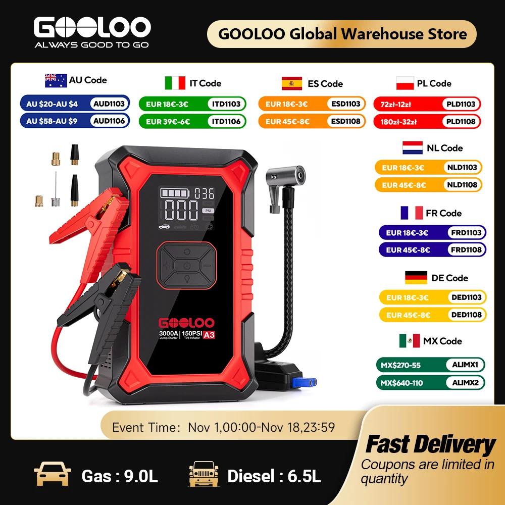 GOOLOO A3 Jump Starter with Air Compressor, 3000A Portable Car Battery Booster (9.0 Gas/6.5L Diesel) with 150PSI Auto-Shutoff Ti