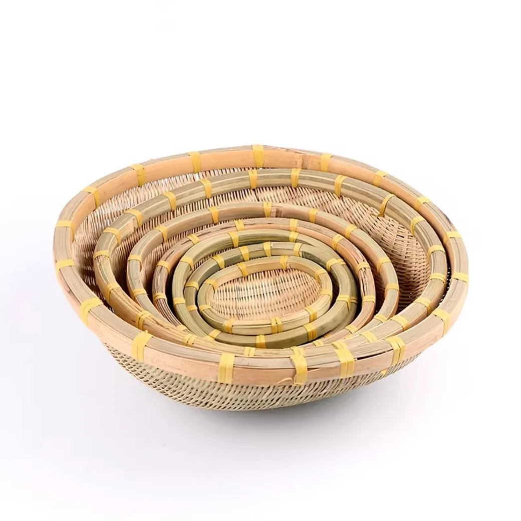 Bamboo Woven Dim Sum Tray round Dustpan Storage Basket Fruit Basket - Manual Farm Weaving Design Kitchen & Home Storage Accessor